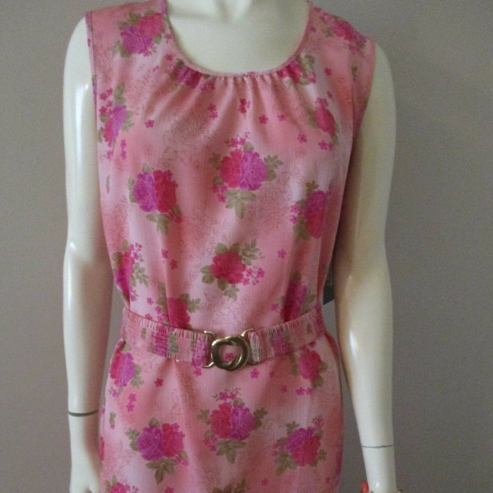 Simple Summer Midi Dress Peachy Pink Floral sz M Belted Lightweight Sleeveless
